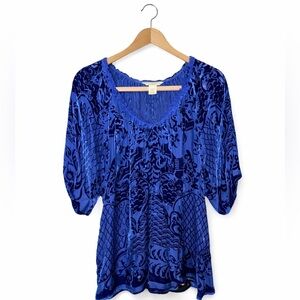 Sundance Blue Velvet Burnout Dragon Print‎ Boho Peasant Blouse L